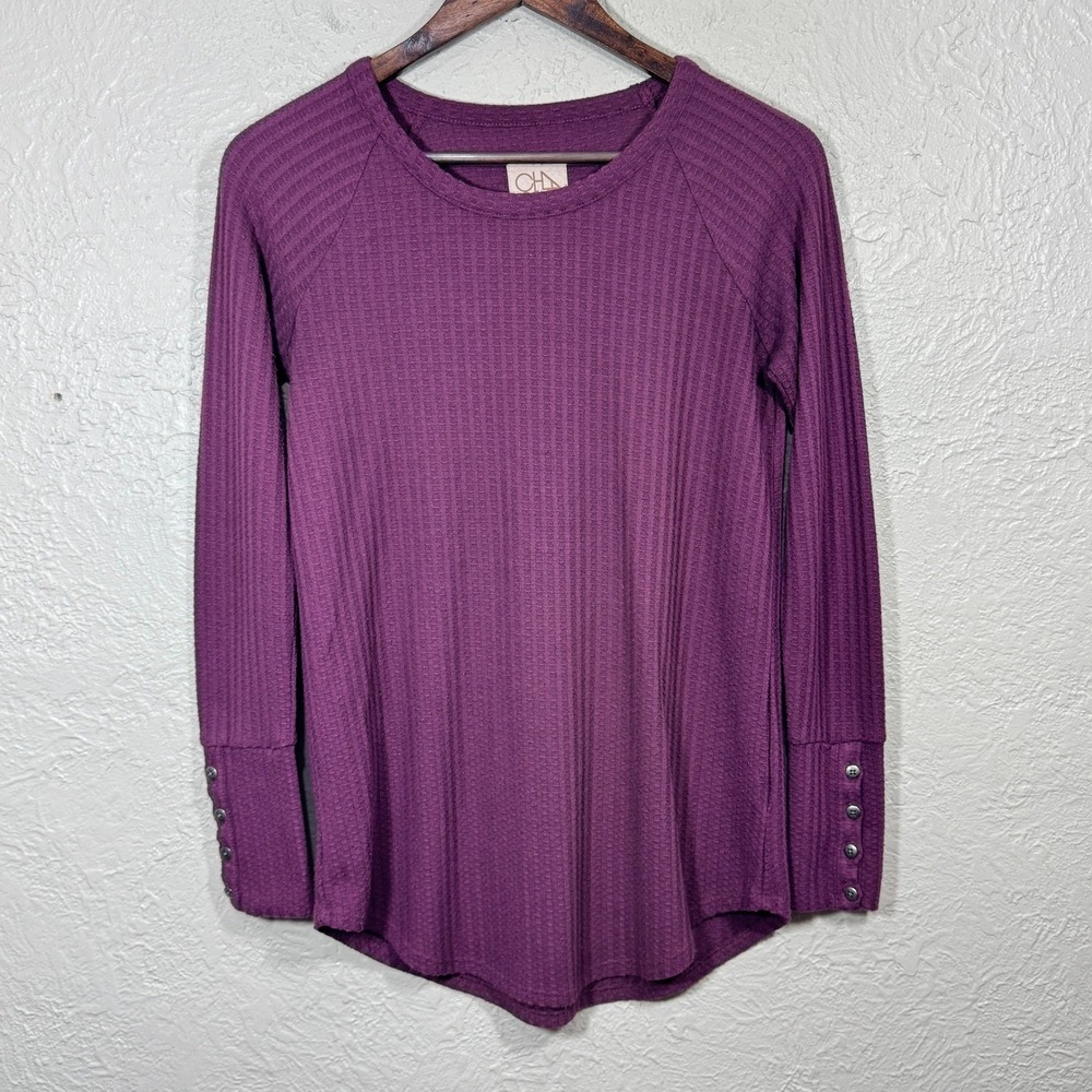 Chaser Waffle Knit Pullover Top Small Maroon Thermal Henley Western Boho Cowgirl